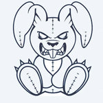Design del tatuaggio semi-permanente Evil Bunny di INKON – illustrazione di coniglietto di peluche rammendato e minaccioso, 2 x 2 in (5x5cm), disponibile su inkon.co