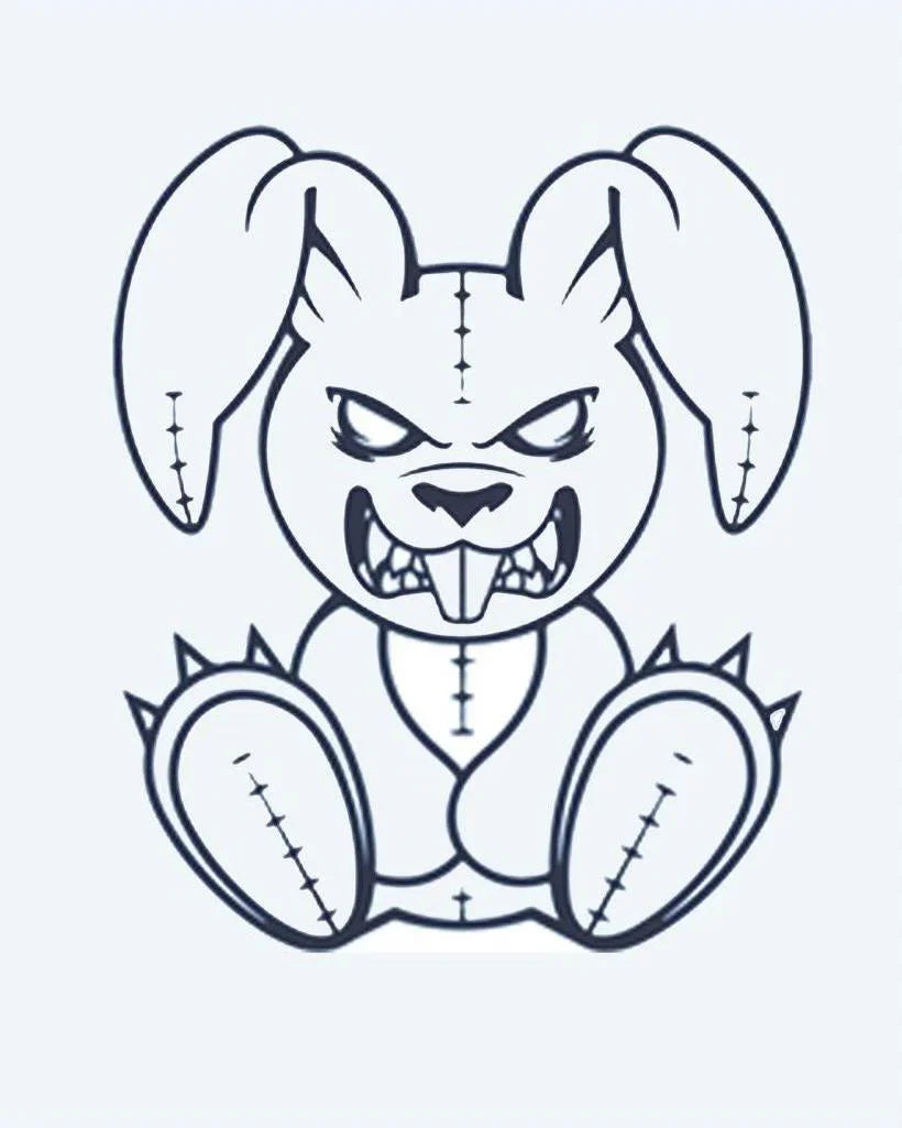 Design del tatuaggio semi-permanente Evil Bunny di INKON – illustrazione di coniglietto di peluche rammendato e minaccioso, 2 x 2 in (5x5cm), disponibile su inkon.co