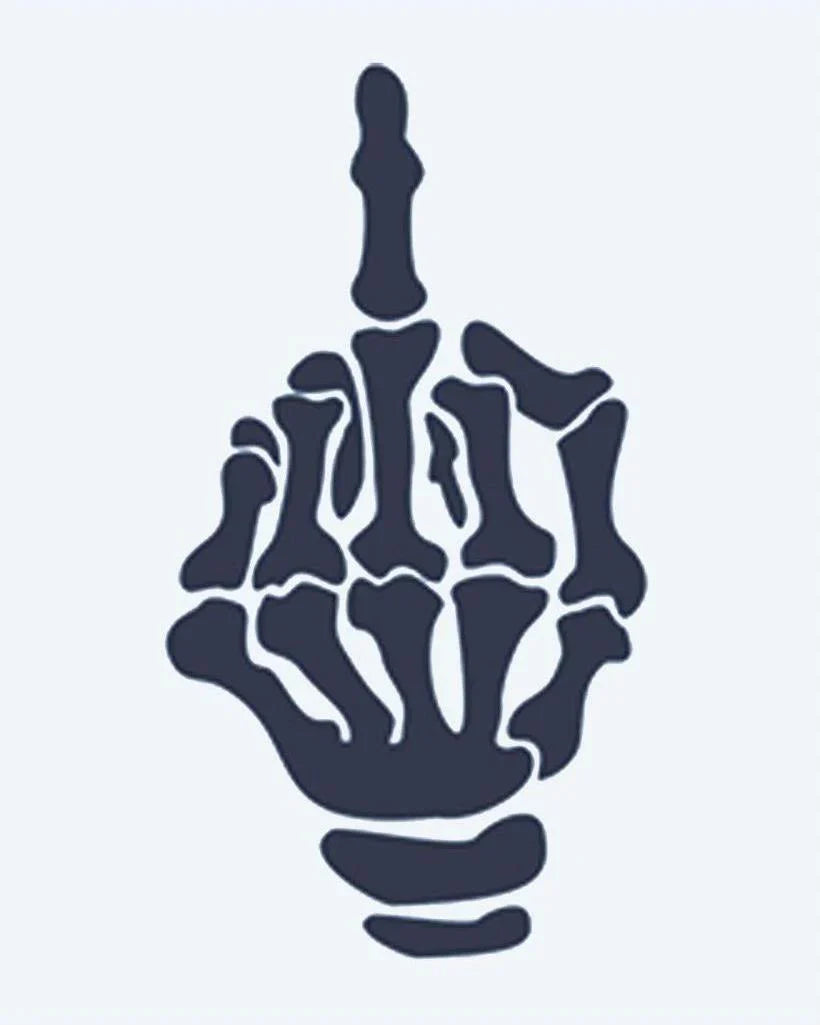 Design del tatuaggio semi-permanente Skeleton Middle Finger di INKON – illustrazione di mano scheletrica che mostra il dito medio, 2 x 2 in (5x5cm), disponibile su inkon.co