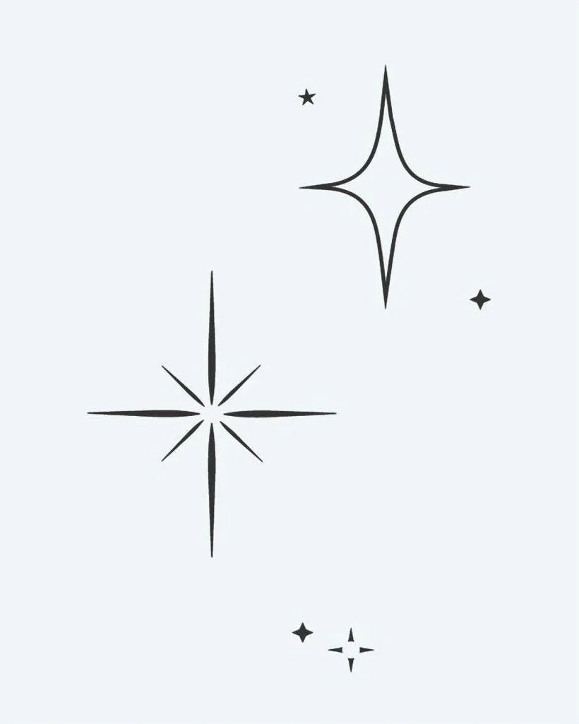 Design del tatuaggio semi-permanente Sparkle Stars di INKON – illustrazione minimalisti, assortite, quattro, punte, otto, 3 x 4 in (6x11cm), disponibile su inkon.co