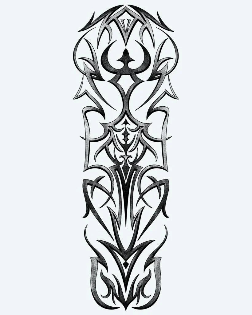 Design del tatuaggio semi-permanente Gothic Tribal Symmetry di INKON – illustrazione tribale gotica simmetrica con forme affilate, 8 x 20 in (20x50cm), disponibile su inkon.co
