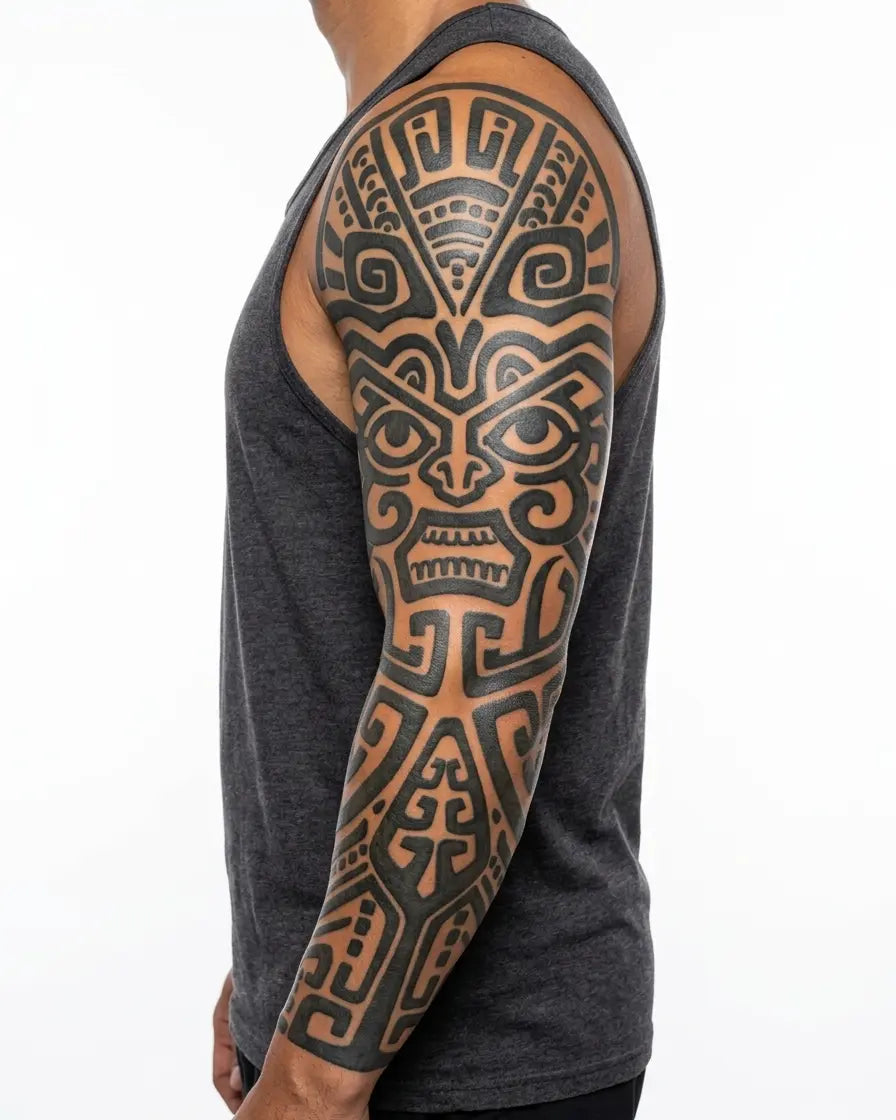 Tatuaggio semi-permanente INKON Polynesian Tiki Face applicato su un uomo – design 8 x 20 in (20x50cm), aspetto realistico dell'inchiostro, dura 10 giorni