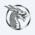 Design del tatuaggio semi-permanente Horned Dragon Portrait di INKON – illustrazione blackwork di feroce drago cornuto incorniciato, 4 x 4 in (9x9cm), disponibile su inkon.co