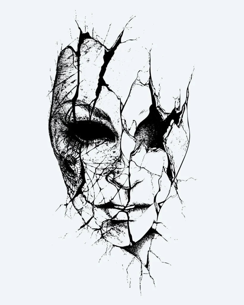 Design del tatuaggio semi-permanente Cracked Face di INKON – illustrazione inquietantemente, incrinato, volto, espressivo, misterioso, 3 x 4 in (7x10cm), disponibile su inkon.co