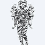 Design del tatuaggio semi-permanente Angelo Lettering di INKON – illustrazione alato, angelo, figura, aureola, ricoperta, 4 x 7 in (10x17cm), disponibile su inkon.co