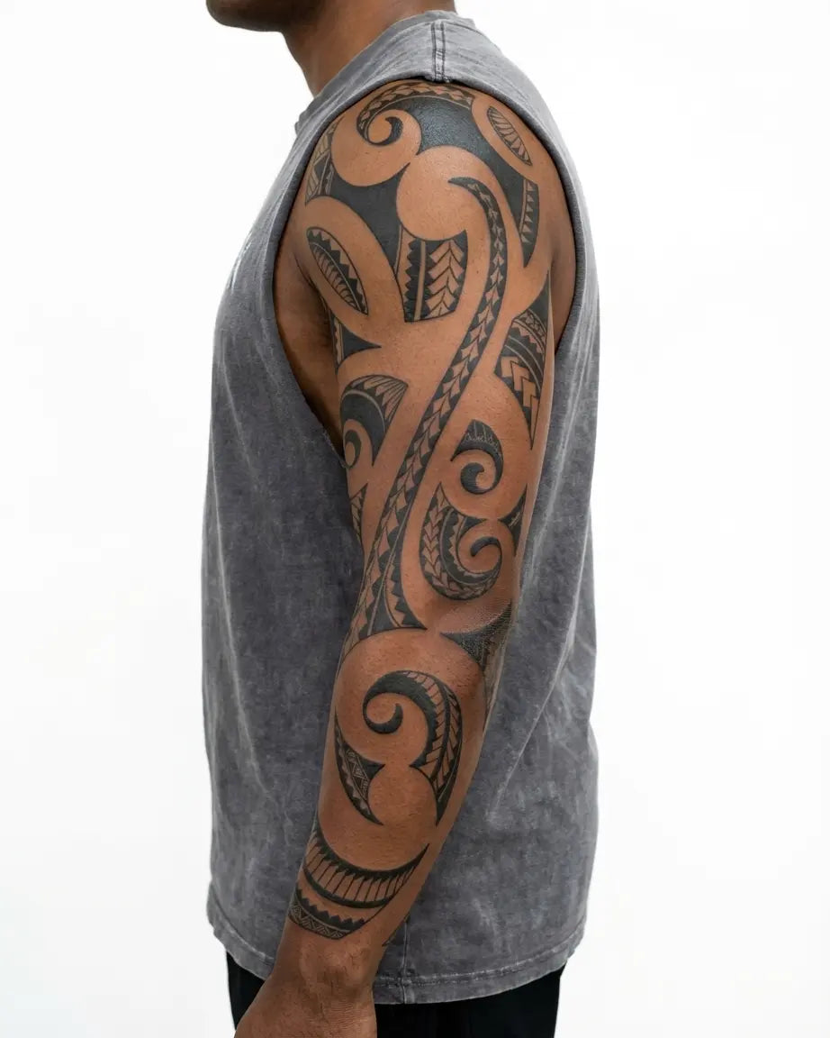 Tatuaggio semi-permanente INKON Maori Spiral Sleeve applicato su un uomo – design 8 x 20 in (20x50cm), aspetto realistico dell'inchiostro, dura 10 giorni