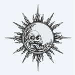 Design del tatuaggio semi-permanente Teschio Sole e Luna di INKON – illustrazione ornato, radianti, fiamma, raggi, contengono, 4 x 4 in (9x9cm), disponibile su inkon.co