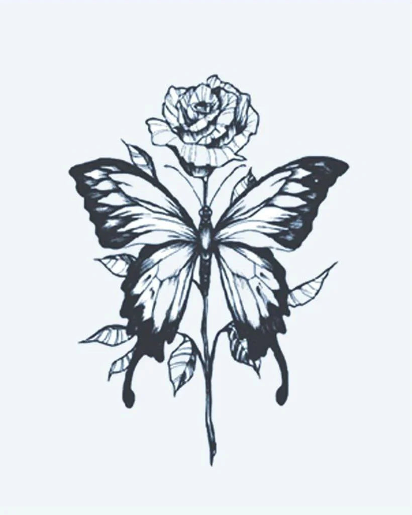 Design del tatuaggio semi-permanente Rose & Butterfly di INKON – illustrazione delicato, combina, rosa, fiore, farfalla, 3 x 4 in (6x11cm), disponibile su inkon.co