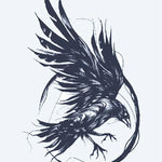 Design del tatuaggio semi-permanente Corvo in Volo di INKON – illustrazione dinamico, corvo, volo, spiegate, ali, 4 x 7 in (10x17cm), disponibile su inkon.co
