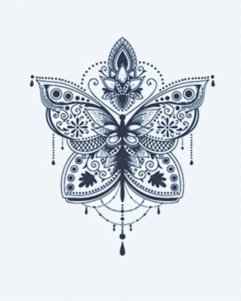 Design del tatuaggio semi-permanente Ornamental Butterfly di INKON – illustrazione mandala, farfalla, loto, fiore, accenti, 2 x 2 in (5x5cm), disponibile su inkon.co
