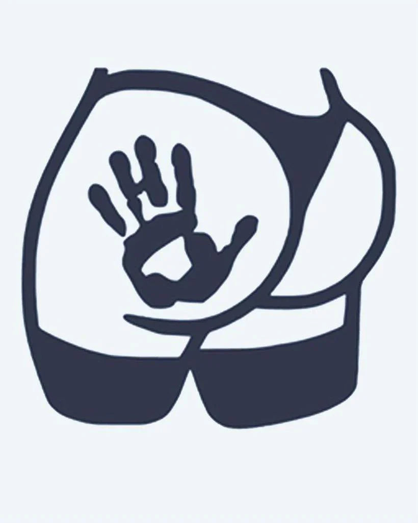 Design del tatuaggio semi-permanente Cheeky Handprint di INKON – illustrazione giocosa con impronta di mano su silhouette formosa, 2 x 2 in (5x5cm), disponibile su inkon.co