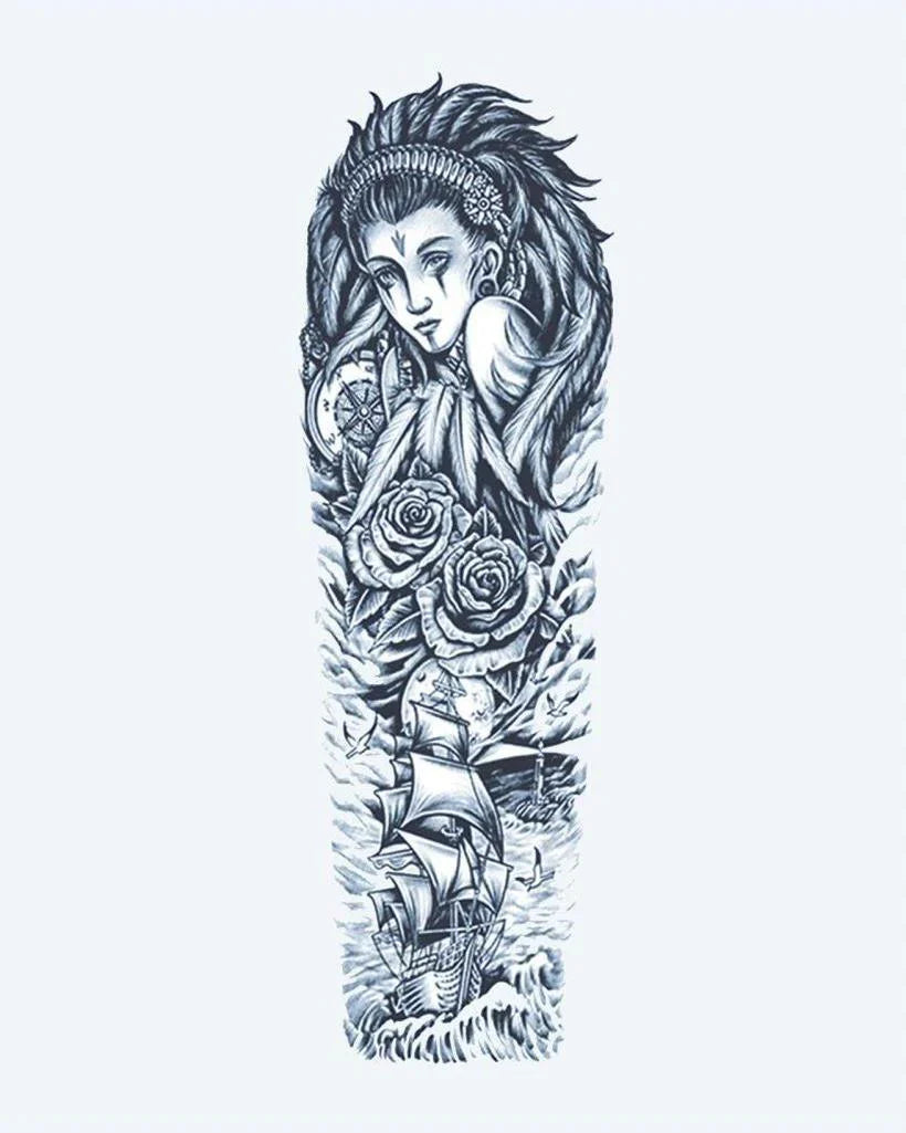 Design del tatuaggio semi-permanente Sea Goddess & Sailing Ship di INKON – illustrazione incantevole, manica, intera, dea, rose, 8 x 20 in (20x50cm), disponibile su inkon.co