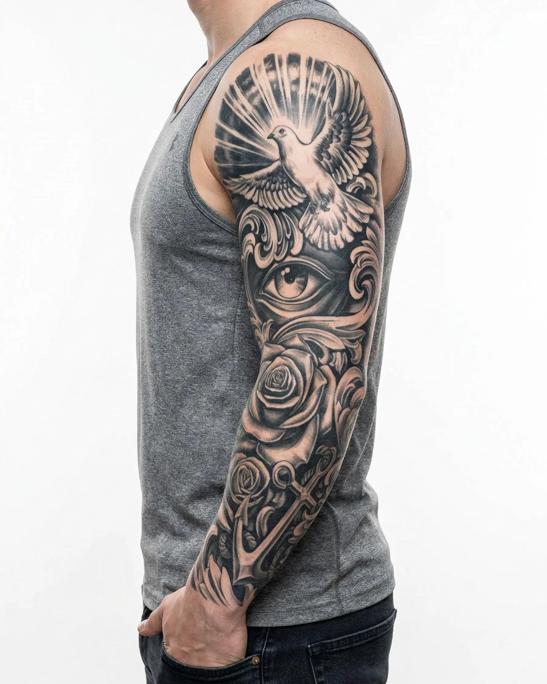 Tatuaggio semi-permanente INKON Dove, Eye & Anchor applicato su un uomo – design 8 x 20 in (20x50cm), aspetto realistico dell'inchiostro, dura 10 giorni