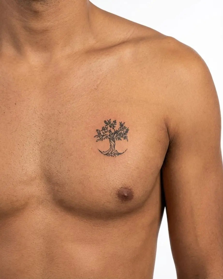 Tatuaggio semi-permanente INKON Tree of Life applicato su un uomo – design 2 x 2 in (5x5cm), aspetto realistico dell'inchiostro, dura 10 giorni