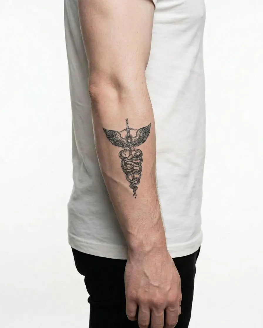 Tatuaggio semi-permanente INKON Caduceus Serpents & Sword applicato su un uomo – design 3 x 4 in (7x10cm), aspetto realistico dell'inchiostro, dura 10 giorni
