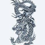 Design del tatuaggio semi-permanente Traditional Dragon di INKON – illustrazione maestoso, asiatico, drago, squame, fluttuanti, 4 x 8 in (11x21cm), disponibile su inkon.co