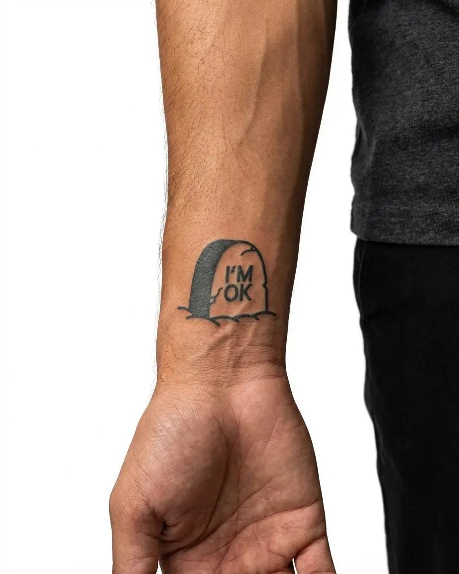Tatuaggio semi-permanente INKON I'm OK Tombstone applicato su un uomo – design 2 x 2 in (5x5cm), aspetto realistico dell'inchiostro, dura 10 giorni