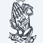 Design del tatuaggio semi-permanente Mani in Preghiera Lucky Ones di INKON – illustrazione preghiera, mani, stringono, contante, scritte, 4 x 7 in (10x17cm), disponibile su inkon.co