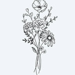 Design del tatuaggio semi-permanente Wildflower Bouquet di INKON – illustrazione delicato, linea, sottile, legato, selvatici, 3 x 4 in (6x11cm), disponibile su inkon.co
