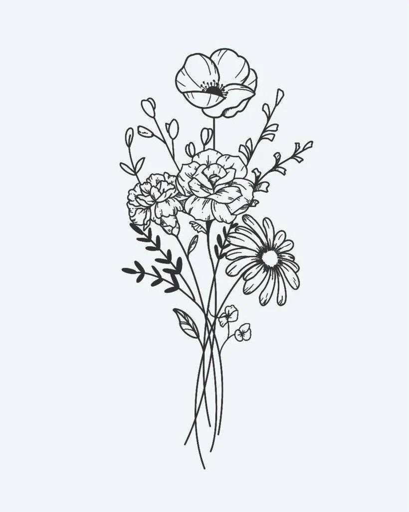 Design del tatuaggio semi-permanente Wildflower Bouquet di INKON – illustrazione delicato, linea, sottile, legato, selvatici, 3 x 4 in (6x11cm), disponibile su inkon.co