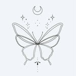 Design del tatuaggio semi-permanente Celestial Butterfly di INKON – illustrazione di graziosa farfalla con luna crescente e stelle, 2 x 2 in (5x5cm), disponibile su inkon.co