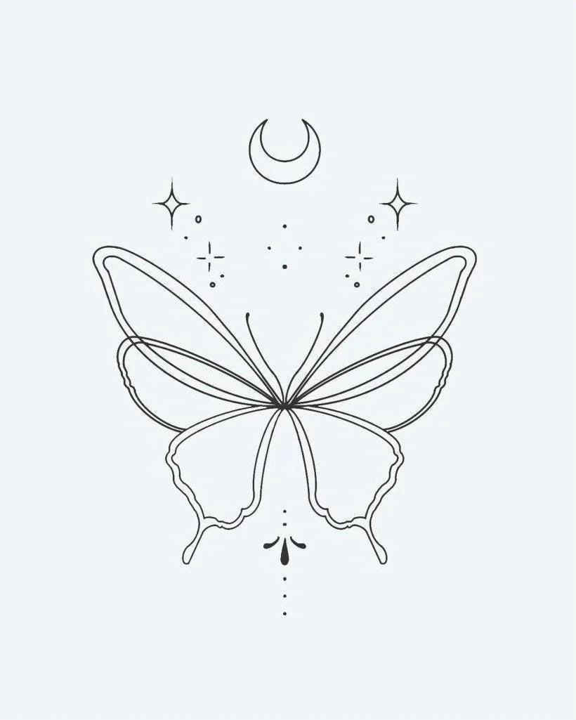 Design del tatuaggio semi-permanente Celestial Butterfly di INKON – illustrazione di graziosa farfalla con luna crescente e stelle, 2 x 2 in (5x5cm), disponibile su inkon.co