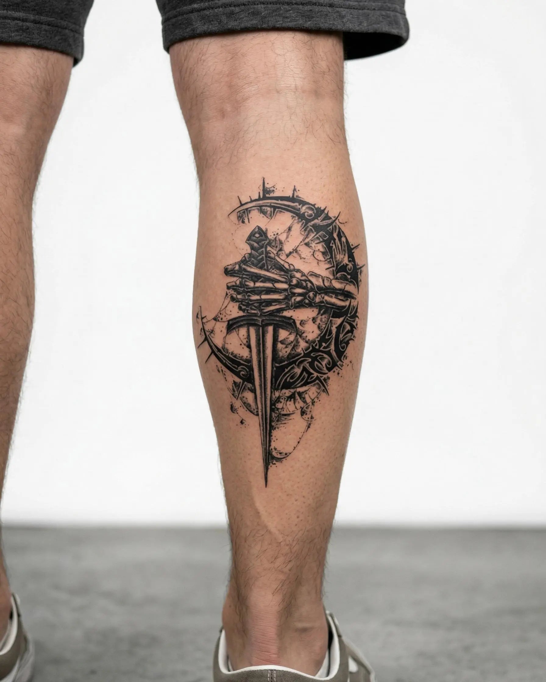 Tatuaggio semi-permanente INKON Mano Scheletrica e Pugnale applicato su un uomo – design 4 x 7 in (10x17cm), aspetto realistico dell'inchiostro, dura 10 giorni