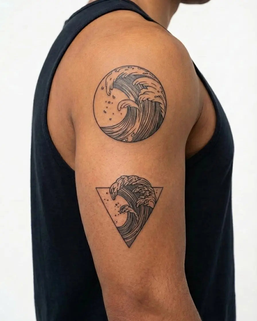 Tatuaggio semi-permanente INKON Onde dell'Oceano applicato su un uomo – design 4 x 7 in (10x17cm), aspetto realistico dell'inchiostro, dura 10 giorni
