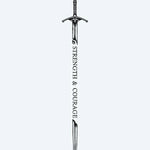 Design del tatuaggio semi-permanente Broken Sword, Enduring Will di INKON – illustrazione blackwork di spada frammentata, 8 x 20 in (20x50cm), disponibile su inkon.co