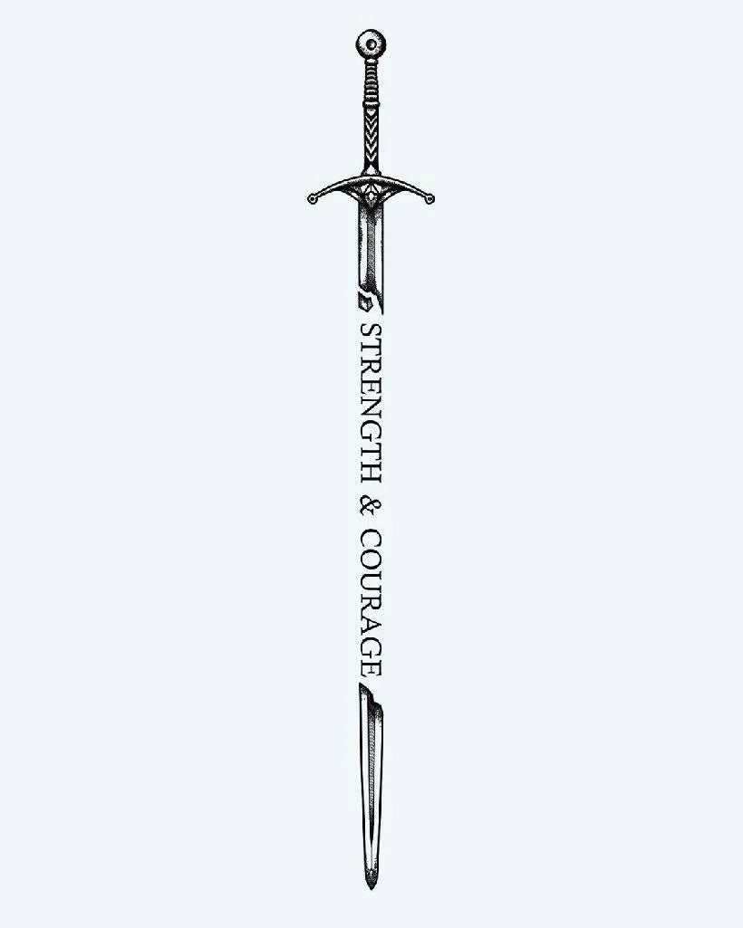 Design del tatuaggio semi-permanente Broken Sword, Enduring Will di INKON – illustrazione blackwork di spada frammentata, 8 x 20 in (20x50cm), disponibile su inkon.co