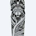 Design del tatuaggio semi-permanente Tribal Lion di INKON – illustrazione di maestoso leone tribale con faccia di leone, 8 x 20 in (20x50cm), disponibile su inkon.co