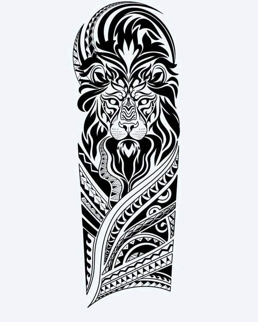 Design del tatuaggio semi-permanente Tribal Lion di INKON – illustrazione di maestoso leone tribale con faccia di leone, 8 x 20 in (20x50cm), disponibile su inkon.co