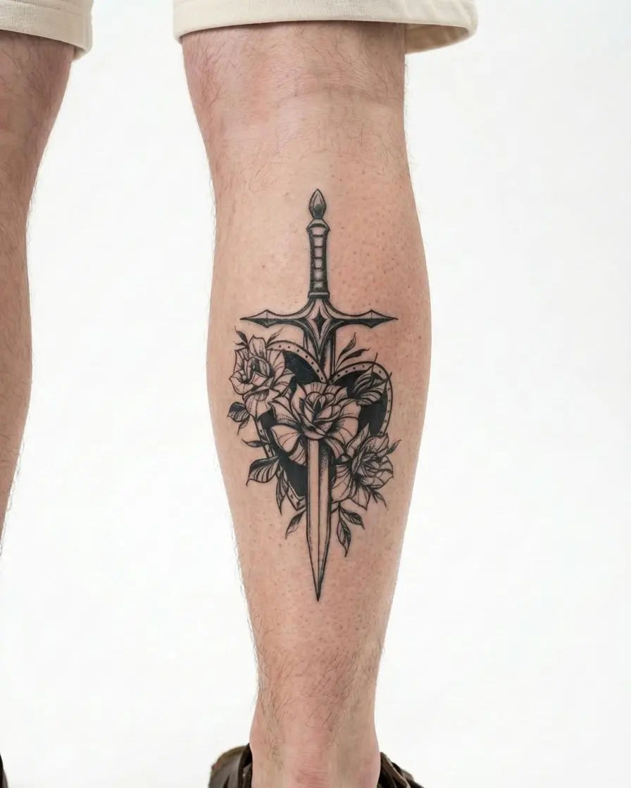 Tatuaggio semi-permanente INKON Scudo con Spada e Rose applicato su un uomo – design 4 x 7 in (10x17cm), aspetto realistico dell'inchiostro, dura 10 giorni