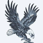 Design del tatuaggio semi-permanente Aquila Calva di INKON – illustrazione maestosa, calva, aquila, picchiata, giù, 4 x 7 in (10x17cm), disponibile su inkon.co