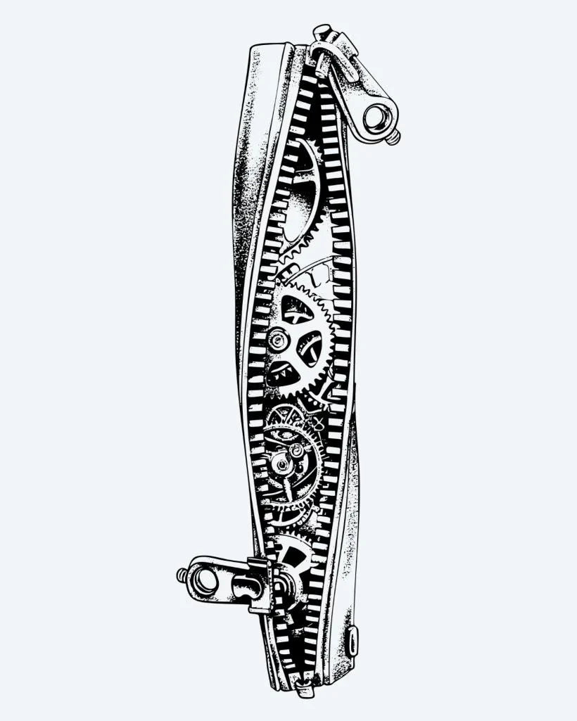 Design del tatuaggio semi-permanente Steampunk Gears Band di INKON – illustrazione steampunk, meccaniche, ingranaggi, ruote, orizzontale, 4 x 8 in (11x21cm), disponibile su inkon.co