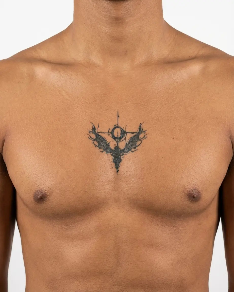 Tatuaggio semi-permanente INKON Abstract Angel Cross applicato su un uomo – design 4 x 4 in (9x9cm), aspetto realistico dell'inchiostro, dura 10 giorni