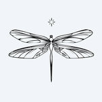 Design del tatuaggio semi-permanente Dragonfly di INKON – illustrazione di libellula dettagliata con motivi alari e piccola stella, 2 x 2 in (5x5cm), disponibile su inkon.co