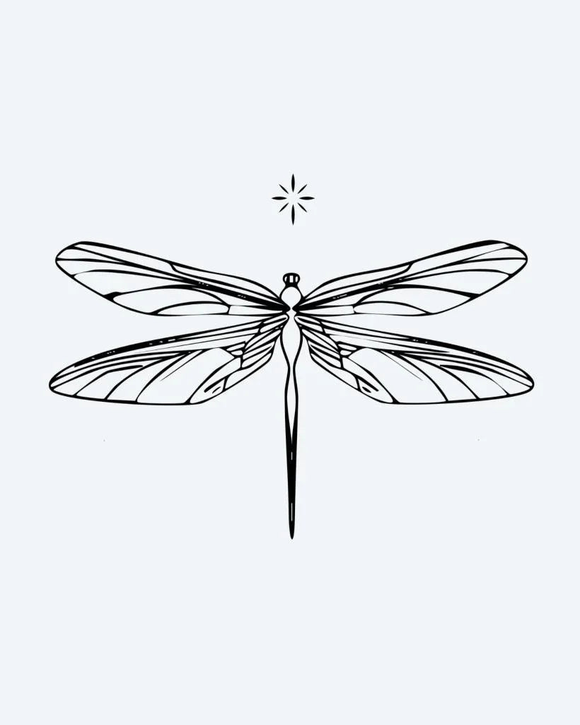 Design del tatuaggio semi-permanente Dragonfly di INKON – illustrazione di libellula dettagliata con motivi alari e piccola stella, 2 x 2 in (5x5cm), disponibile su inkon.co