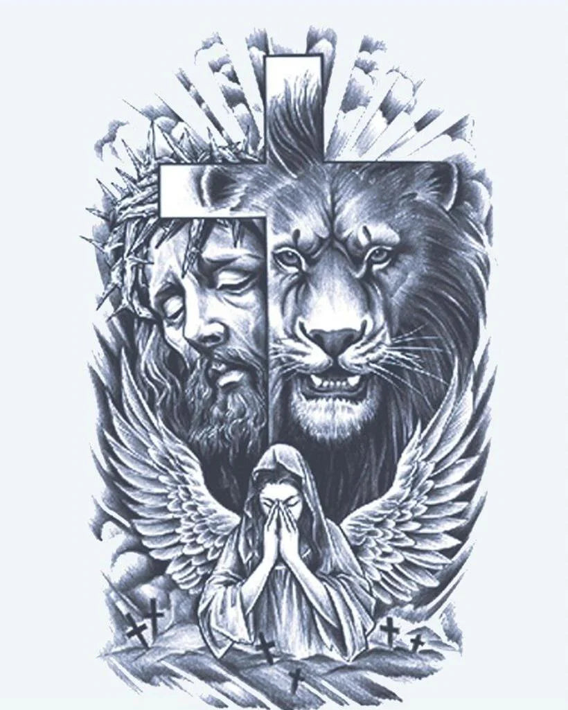 Design del tatuaggio semi-permanente Fede: Leone, Croce e Angelo di INKON – illustrazione divisa, composizione, spirituale, figura, leone, 4 x 7 in (10x17cm), disponibile su inkon.co