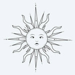 Design del tatuaggio semi-permanente Celestial Sun Face 2 di INKON – illustrazione di sole ornato con volto umano sereno, 2 x 2 in (5x5cm), disponibile su inkon.co