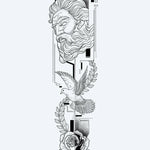 Design del tatuaggio semi-permanente Greek God, Dove & Rose di INKON – illustrazione neoclassica con busto di dio greco e colomba in volo, 8 x 20 in (20x50cm), disponibile su inkon.co