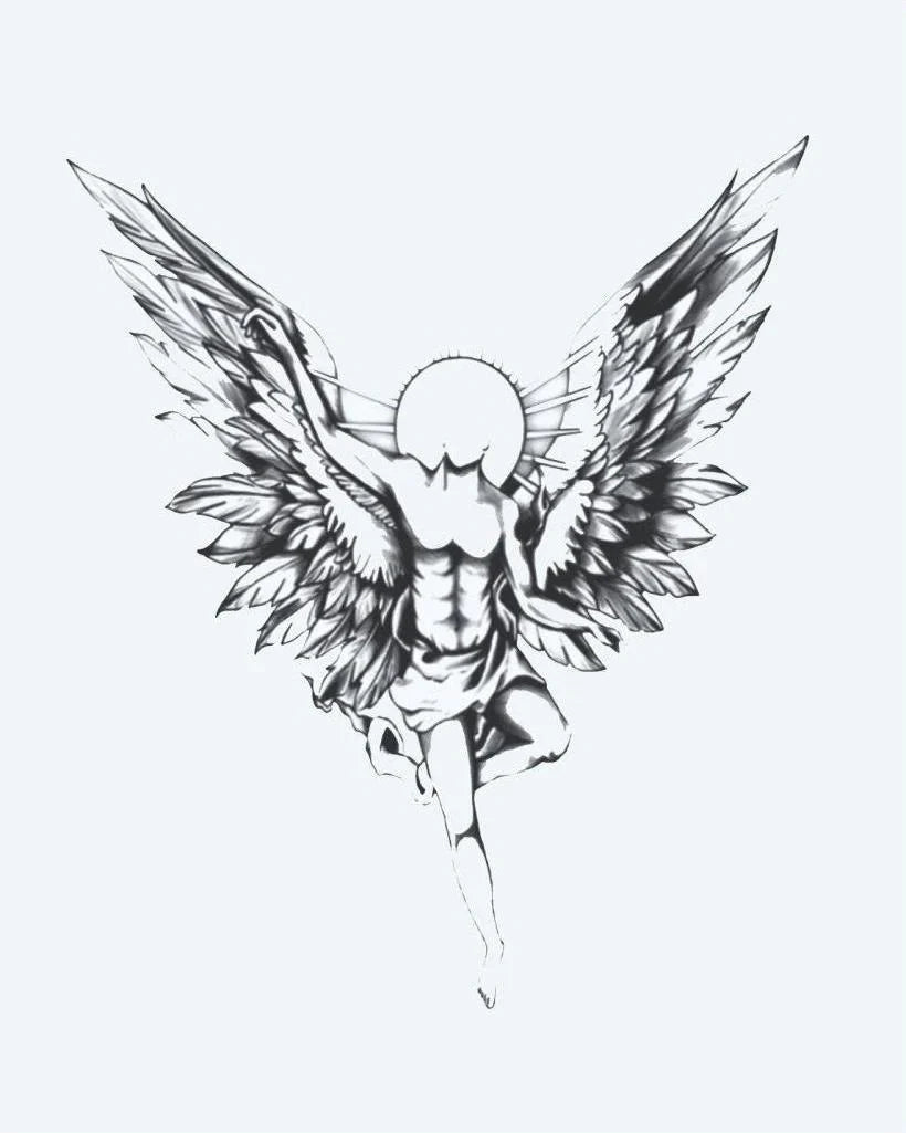 Design del tatuaggio semi-permanente Guardian Angel di INKON – illustrazione maestoso, custode, angelo, spiegate, ali, 4 x 8 in (11x21cm), disponibile su inkon.co
