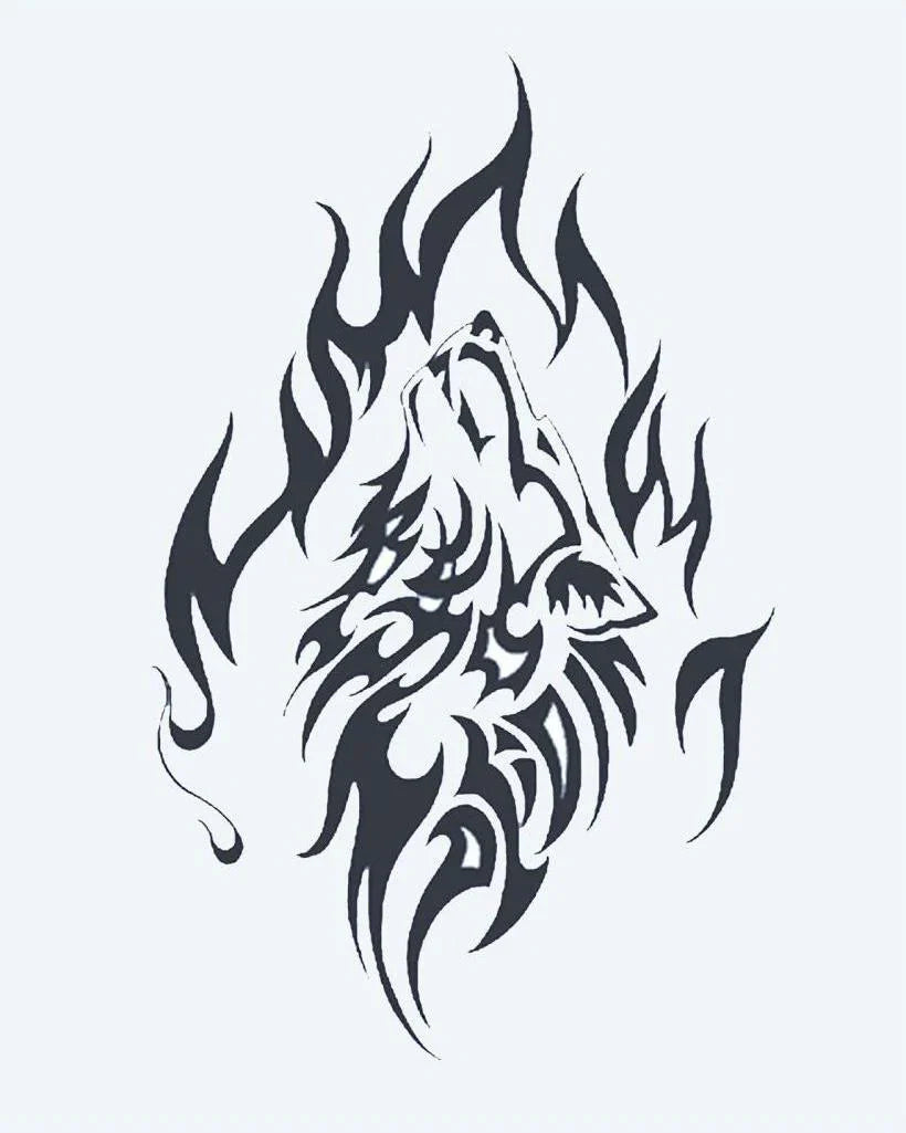 Design del tatuaggio semi-permanente Lupo Ululante Tribale di INKON – illustrazione ululante, lupo, testa, composta, tribale, 4 x 7 in (10x17cm), disponibile su inkon.co