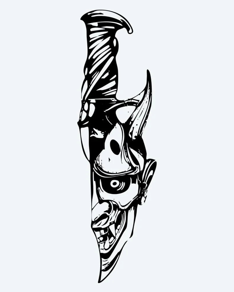 Design del tatuaggio semi-permanente Hannya & Knife di INKON – illustrazione giapponese, hannya, maschera, fusa, coltello, 4 x 8 in (11x21cm), disponibile su inkon.co