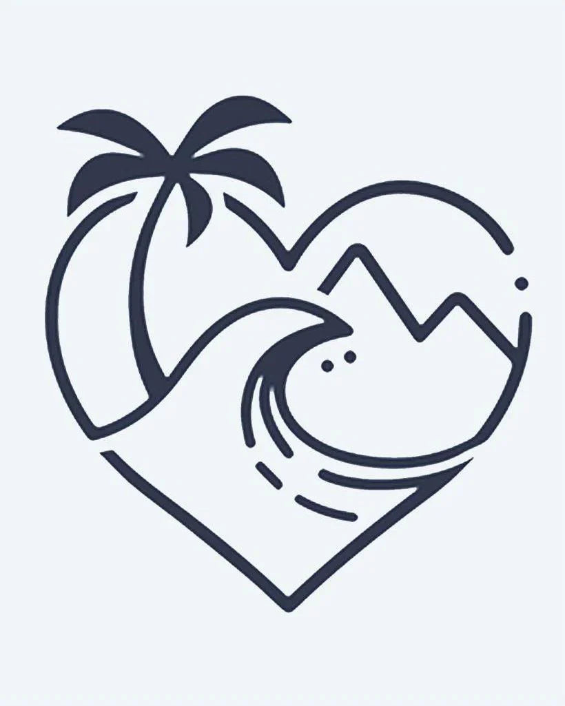 Design del tatuaggio semi-permanente Beach Heart di INKON – illustrazione di scena a forma di cuore con palma, 2 x 2 in (5x5cm), disponibile su inkon.co
