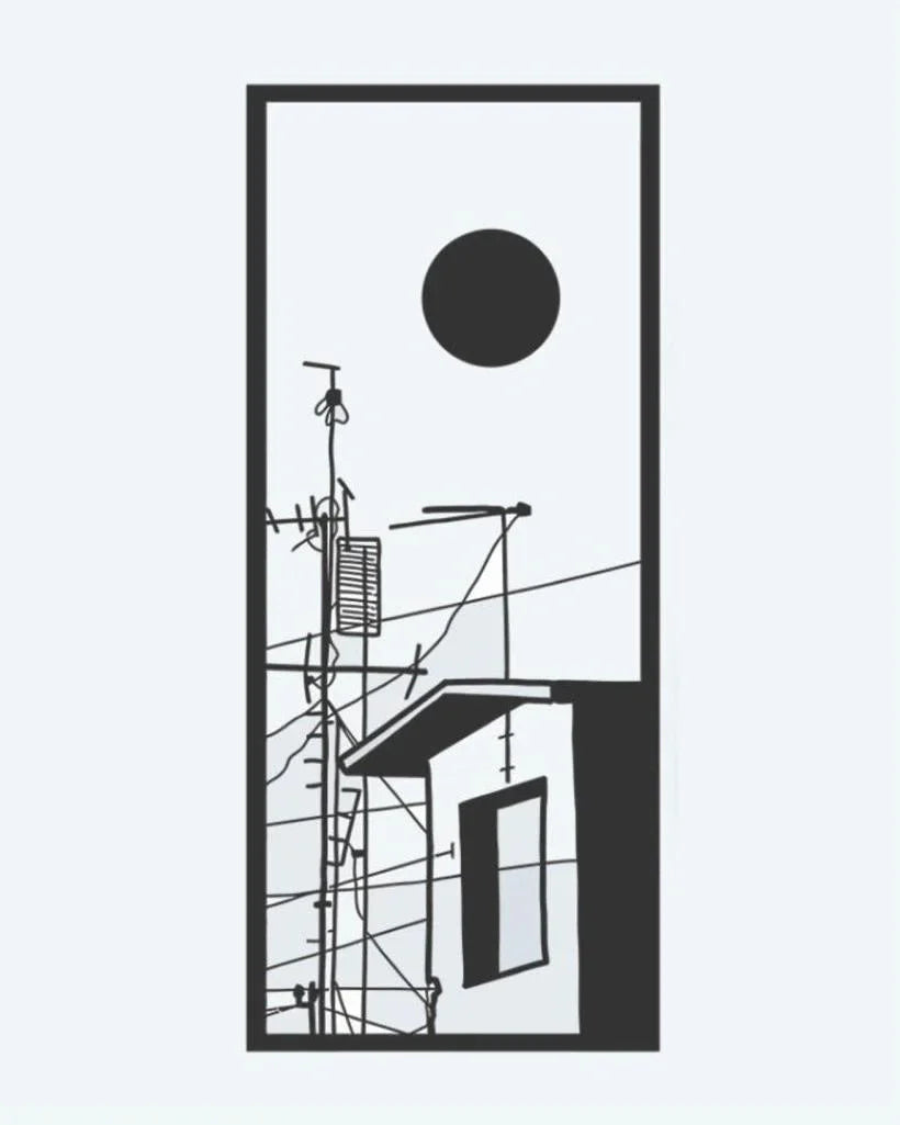 Design del tatuaggio semi-permanente Urban Rooftop Scene di INKON – illustrazione minimalista, cittadino, tetto, antenne, cavi, 3 x 4 in (6x11cm), disponibile su inkon.co