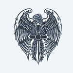 Design del tatuaggio semi-permanente Eagle & Cross di INKON – illustrazione aquila, spiegate, ali, posata, ornamentale, 3 x 4 in (7x10cm), disponibile su inkon.co