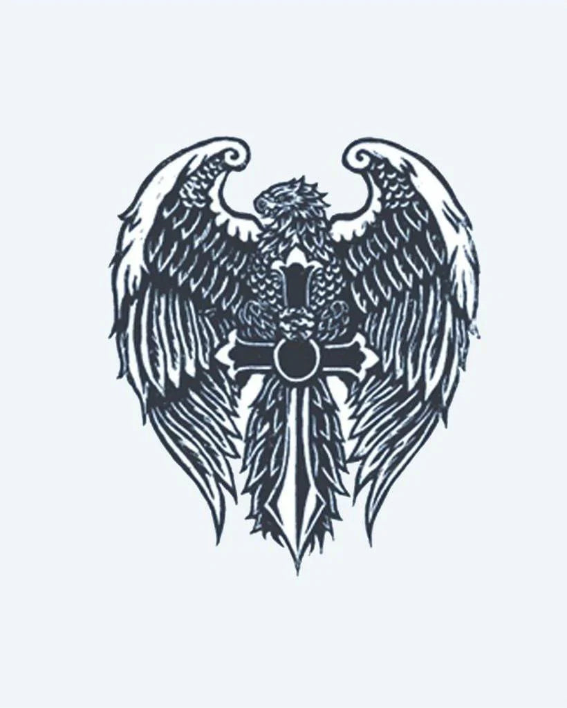 Design del tatuaggio semi-permanente Eagle & Cross di INKON – illustrazione aquila, spiegate, ali, posata, ornamentale, 3 x 4 in (7x10cm), disponibile su inkon.co
