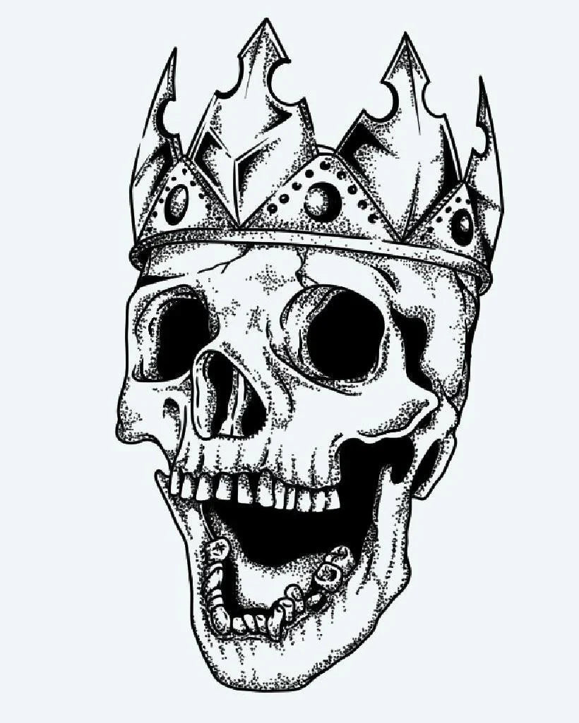 Design del tatuaggio semi-permanente Crowned Skull di INKON – illustrazione di teschio umano con corona ingioiellata, 4 x 7 in (10x17cm), disponibile su inkon.co