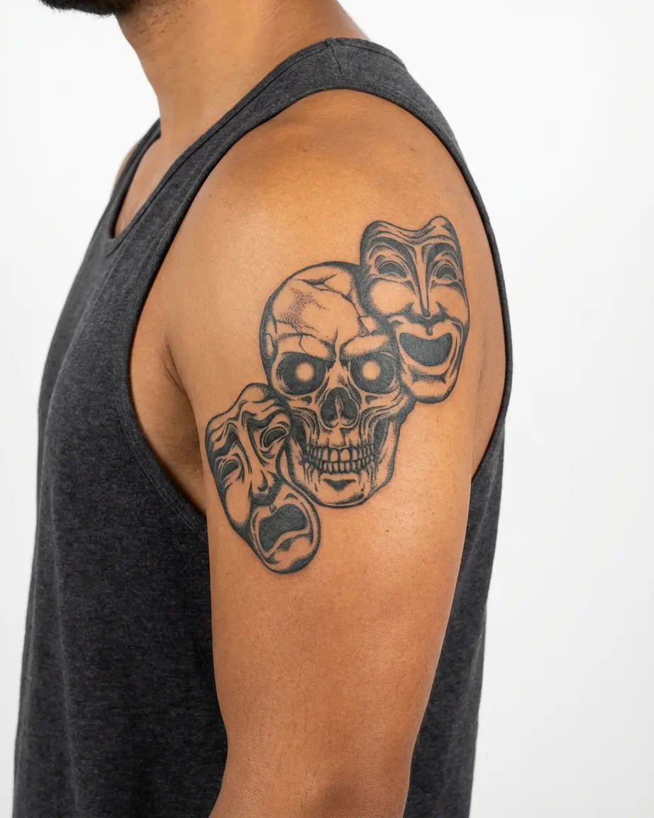 Tatuaggio semi-permanente INKON Skull & Drama Masks applicato su un uomo – design 4 x 7 in (10x17cm), aspetto realistico dell'inchiostro, dura 10 giorni
